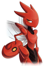Rule 34 | creatures (company), deedledove, game freak, gen 2 pokemon, highres, insect wings, looking to the side, nintendo, orange eyes, pincers, pokemon, pokemon (creature), scizor, simple background, solo, white background, wings