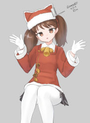 Rule 34 | 1girl, absurdres, animal ears, brown eyes, brown hair, cat ears, dress, feet out of frame, fur-trimmed headwear, fur trim, gloves, grey background, highres, kantai collection, maru (marg0613), official alternate costume, pantyhose, red dress, ryuujou (kancolle), simple background, solo, twintails, white gloves, white pantyhose