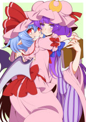 Rule 34 | 2girls, bat wings, blue hair, book, coat, crescent, dress, eichi yuu, grin, hat, hat ribbon, hug, long hair, looking at viewer, looking back, mob cap, multiple girls, open clothes, open coat, patchouli knowledge, pink dress, pointy ears, puffy sleeves, purple dress, purple eyes, purple hair, red eyes, remilia scarlet, ribbon, sash, short sleeves, smile, striped clothes, striped dress, touhou, very long hair, wide sleeves, wings