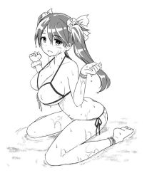 Rule 34 | 1girl, ass, bikini, breasts, butt crack, cleavage, copyright request, covered erect nipples, greyscale, large breasts, long hair, monochrome, side-tie bikini bottom, sitting, smile, solo, swimsuit, twintails, wariza, wet, zaxwu
