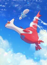 Rule 34 | above clouds, absurdres, bird, closed mouth, cloud, commentary request, creatures (company), day, flying, game freak, gen 3 pokemon, highres, latias, legendary pokemon, nintendo, no humans, nullma, outdoors, pokemon, pokemon (creature), smile, swablu, yellow eyes