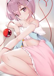 Rule 34 | 1girl, absurdres, black hairband, blue shirt, bra, closed mouth, hairband, heart, heart of string, highres, komeiji satori, looking at viewer, mantou xiang, navel, open clothes, open shirt, pink eyes, pink hair, pink skirt, shirt, short hair, sitting, skirt, solo, third eye, touhou, underwear, white bra