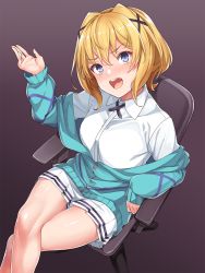 Rule 34 | 1girl, :d, blonde hair, blue cardigan, blue eyes, blush, breasts, cardigan, chair, collared shirt, crossed legs, frown, gradient background, hair ornament, hand up, konnyaku (kk-monmon), lanterby (shokugeki no souma), long sleeves, looking at viewer, miniskirt, nose blush, off shoulder, office chair, open mouth, pleated skirt, shirt, shokugeki no souma, short hair, sitting, skirt, smile, solo, swivel chair, thighs, white shirt, white skirt, x hair ornament