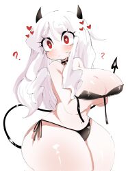 Rule 34 | 1girl, arms under breasts, blush, braid, breasts, choker, cleavage, demon girl, demon horns, demon tail, heart, heart-shaped pupils, helltaker, highres, horns, large breasts, long hair, looking at viewer, mikatsu27, modeus (helltaker), panties, question mark, red eyes, sidelocks, symbol-shaped pupils, tail, thick thighs, thighs, underwear, white hair, wide hips