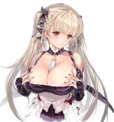 Rule 34 | 1girl, artist name, azur lane, bare shoulders, between breasts, black dress, black nails, black ribbon, breasts, choker, cleavage, corset, dress, earrings, eyebrows, formidable (azur lane), frills, hair ribbon, hands on own chest, jewelry, large breasts, long hair, looking away, looking to the side, min-naraken, nail polish, orange eyes, platinum blonde hair, ribbon, shiny skin, signature, silver hair, solo, twintails, upper body, very long hair