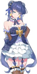 Rule 34 | 1girl, bare shoulders, bellona (epic seven), blue hair, bow, breasts, choker, cleavage, detached sleeves, double bun, dress, earrings, epic seven, frilled choker, frills, garter belt, garter straps, green eyes, hair bun, hair ornament, hair ribbon, half-closed eyes, highres, jewelry, large breasts, long hair, looking at viewer, ribbon, scarled epic7, solo, thighhighs, thighs, waist bow