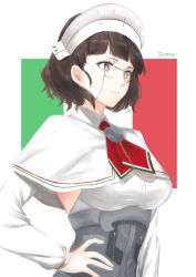 Rule 34 | 1girl, breasts, brown eyes, brown hair, capelet, detached sleeves, eyewear strap, glasses, hand on own hip, hat, headdress, highres, italian flag, kantai collection, large breasts, morinaga miki, pince-nez, roma (kancolle), shirt, short hair, sleeveless, sleeveless shirt, solo