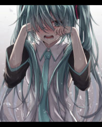 Rule 34 | 1girl, akira (been0328), arm up, bad id, bad pixiv id, bare shoulders, blush, breasts, collared shirt, commentary request, detached sleeves, green eyes, green hair, green necktie, hair between eyes, hair ornament, hand up, hatsune miku, letterboxed, long hair, long sleeves, looking at viewer, medium breasts, necktie, nose blush, open mouth, rain, round teeth, shirt, sleeveless, sleeveless shirt, solo, tears, teeth, twintails, upper teeth only, very long hair, vocaloid, white shirt, wide sleeves, wiping tears