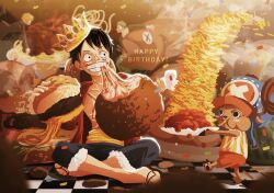 Rule 34 | 4boys, antlers, black hair, blue shorts, burger, commentary request, confetti, crossed legs, crown, doccoi, eating, food, french fries, happy birthday, hat, highres, horns, looking to the side, male focus, meat, monkey d. luffy, multiple boys, one piece, pasta, red shirt, reindeer antlers, roronoa zoro, sandals, sanji (one piece), sash, scar, scar on face, shirt, short hair, shorts, sitting, straw hat, tony tony chopper, yellow sash