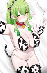 Rule 34 | 1girl, absurdres, animal ears, animal print, arm up, bed, bell, bikini, blush, breasts, ceres fauna, cleavage, closed mouth, collar, cow ears, cow horns, cow print, cow print bikini, cow tail, cowbell, fake animal ears, fake horns, fingerless gloves, gintoro, gloves, green hair, hairband, hand up, heart, highres, hololive, hololive english, horns, large breasts, mole, mole under eye, navel, neck bell, on bed, print bikini, print thighhighs, red collar, sitting, smile, solo, stomach, swimsuit, tail, thighhighs, thighs, virtual youtuber, yellow eyes