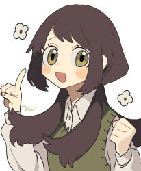 Rule 34 | 1girl, blush stickers, brown hair, collared shirt, flower, green eyes, highres, index finger raised, long hair, long sleeves, low twintails, maco22, open mouth, original, shirt, smile, solo, sweater vest, twintails, upper body