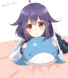 Rule 34 | 10s, 1girl, ahoge, black legwear, blush, highres, kantai collection, long sleeves, looking at viewer, lying, maruki (punchiki), on bed, on stomach, purple hair, red eyes, simple background, smile, solo, stuffed animal, stuffed toy, taigei (kancolle), twitter username, whale, white background