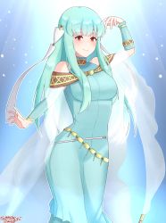 Rule 34 | 1girl, absurdres, bare shoulders, blue hair, blush, bride, cape, dress, fire emblem, fire emblem: the blazing blade, hair ornament, highres, jewelry, long hair, looking at viewer, ninian, nintendo, open mouth, red eyes, sarukaiwolf, simple background, smile, solo