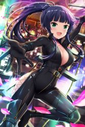 Rule 34 | 1girl, absurdres, alternative girls, black bodysuit, blue hair, bodysuit, breasts, cleavage, green eyes, highres, holding, ladder, long hair, looking at viewer, night, official art, open hand, open mouth, outdoors, ponytail, smile, solo, tendou machi