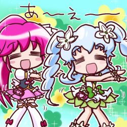 Rule 34 | 10s, 2girls, = =, aino megumi, blue hair, blush stickers, braid, chibi, cure lovely, cure princess, cure princess (macadamia hula dance), dancing, flower, hair flower, hair ornament, happinesscharge precure!, hula, ikkyuu, long hair, magical girl, multiple girls, open mouth, precure, shirayuki hime, smile, thighhighs, twin braids, vest, wide ponytail, zettai ryouiki