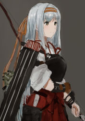 Rule 34 | 1girl, bow (weapon), commentary request, fuyube gin (huyube), hakama, hakama skirt, headband, japanese clothes, kantai collection, long hair, miko, muneate, shoukaku (kancolle), shoukaku kai ni (kancolle), silver hair, skirt, solo, weapon