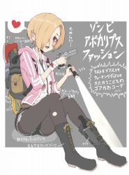 Rule 34 | 1girl, axe, backpack, bag, bags under eyes, bandages, bandaid, belt, black footwear, black pantyhose, black shorts, blonde hair, blood, blood on clothes, bloody bandages, boot knife, boots, brown belt, brown eyes, collared shirt, combat boots, cross-laced footwear, cutoffs, denim, denim shorts, drawstring, ear piercing, earrings, flashlight, full body, grey background, gun, hair over one eye, handgun, heart, holding, holding flashlight, holding gun, holding weapon, hood, hood down, hooded track jacket, hoodie, idolmaster, idolmaster cinderella girls, ina (gokihoihoi), invisible chair, jacket, jewelry, knife, lace-up boots, light, looking at viewer, m1911, open clothes, open jacket, open mouth, pantyhose, piercing, pink jacket, rope, shirasaka koume, shirt, short hair, shorts, sitting, solo, thought bubble, torn clothes, torn pantyhose, track jacket, translated, weapon, white shirt