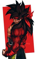 Rule 34 | 1boy, absurdres, armor, bardock, biceps, black hair, body fur, broken armor, dragon ball, dragon ball gt, dragon ball heroes, dragonball z, facial scar, headband, highres, looking at viewer, male focus, monkey boy, monkey tail, muscular, muscular male, no nipples, open mouth, pants, pectorals, red fur, relio db318, saiyan, saiyan armor, scar, scar on cheek, scar on face, simple background, solo, spiked hair, super saiyan, super saiyan 4, tail, veins, veiny hands, wristband
