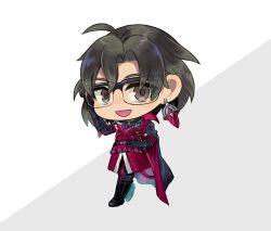Rule 34 | 1boy, :d, adjusting eyewear, ahoge, armor, black cape, black eyes, black footwear, black gloves, black hair, black pants, boots, cape, chibi, constantine xi (fate), curtained hair, earrings, eyes visible through hair, fate/grand order, fate (series), full body, glasses, gloves, grey background, hand on eyewear, hand on own hip, jewelry, looking at viewer, male focus, open mouth, pants, red armor, red tunic, sheath, sheathed, short hair, shoulder belt, side cape, simple background, smile, solo, sword, two-tone background, uirou (yomogi aji), weapon, white background