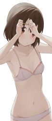 Rule 34 | 1girl, bra, breasts, brown eyes, brown hair, closed mouth, highres, hirasawa yui, hiroki (yyqw7151), k-on!, looking at viewer, panties, simple background, small breasts, solo, underwear, underwear only, white background, white bra, white panties