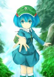 Rule 34 | 1girl, backpack, bad id, bad pixiv id, bag, blue eyes, blue hair, female focus, hair bobbles, hair ornament, hat, kawashiro nitori, key, kumomiya, matching hair/eyes, outstretched arm, outstretched hand, randoseru, reaching, short hair, smile, solo, touhou, twintails, two side up
