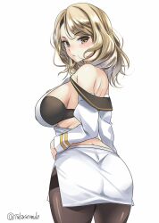Rule 34 | 1girl, ass, breasts, brown eyes, cowboy shot, houston (kancolle), kantai collection, large breasts, light brown hair, long hair, looking back, military, military uniform, naval uniform, pantyhose, pencil skirt, skirt, solo, takase muh, twitter username, uniform, white background