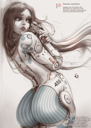 Rule 34 | 1girl, against wall, ass, black hair, blue eyes, bodypaint, colored skin, commentary, cyborg, english commentary, english text, eyelashes, firez, from behind, huge ass, joints, lips, long hair, looking back, looking to the side, mechanical hands, no pupils, nose, original, paid reward available, patreon username, robot joints, science fiction, screw, solo, watermark, web address, white skin