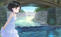 Rule 34 | 1girl, arms behind back, bare shoulders, blush, breasts, bridge, canal, child, cloud, commentary, dot nose, dress, eichisu, hair ornament, hairpin, interlocked fingers, light smile, looking at viewer, original, outdoors, river, short hair, sky, sleeveless, sleeveless dress, small breasts, smile, solo, standing, sundress, water