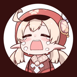 Rule 34 | 1girl, beret, blonde hair, blush, border, brown border, crying, genshin impact, hat, highres, jacket, klee (genshin impact), long hair, long sleeves, open mouth, pointy ears, purin a la mode (popup), red hat, red jacket, round image, simple background, solo, twintails, white background