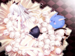 Rule 34 | 1girl, animal ears, barefoot, belt, black belt, blacksmith (ragnarok online), bow, breasts, cat ears, cat girl, cat tail, checkered floor, closed eyes, commentary request, crop top, eclipse (ragnarok online), foot out of frame, fur-trimmed shorts, fur trim, grey shorts, hair between eyes, long bangs, long hair, lunatic (ragnarok online), open mouth, rabbit, ragnarok online, red bow, shirt, short shorts, shorts, sleeping, sleeveless, sleeveless shirt, small breasts, tail, tail bow, tail ornament, takamura ryou, tied shirt, white hair, white shirt