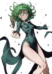 Rule 34 | 1girl, absurdres, black dress, breasts, chyko7080, curly hair, dress, floating, floating clothes, floating rock, green eyes, green hair, highres, long sleeves, looking at viewer, one-punch man, short hair, simple background, small breasts, solo, tatsumaki, telekinesis, thighs, white background