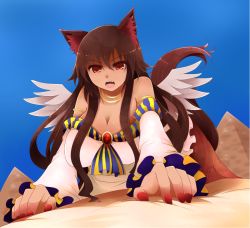 Rule 34 | 1girl, adapted costume, all fours, alternate skin color, animal ears, arano oki, bare shoulders, bed, blue sky, breasts, brooch, brown eyes, brown hair, cleavage, dark-skinned female, dark skin, day, detached sleeves, egyptian, egyptian clothes, fang, frilled sleeves, frills, great pyramid of giza, hanging breasts, imaizumi kagerou, jewelry, large breasts, long hair, long sleeves, lots of jewelry, nail polish, necklace, open mouth, pyramid, pyramid (structure), red nails, skirt, sky, solo, sphinx, tail, tan, touhou, very long hair, wings, wolf ears, wolf tail