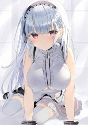 Rule 34 | 1girl, absurdres, apron, azur lane, bare arms, bare shoulders, black skirt, breasts, closed mouth, clothing cutout, cuffs, dido (azur lane), frilled shirt, frills, hairband, handcuffs, highres, large breasts, long hair, looking at viewer, maid, maid apron, miniskirt, pink eyes, shirt, shoes, sidelocks, silver hair, sitting, skirt, sleeveless, sleeveless shirt, solo, thighhighs, underboob, underboob cutout, waist apron, white shirt, white thighhighs, zettai ryouiki, zukan (db tyoutyo)