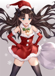 Rule 34 | 1girl, alternate costume, asle, black hair, blue eyes, blush, christmas, dress, fate/stay night, fate (series), fur-trimmed dress, fur-trimmed headwear, fur trim, gloves, hat, long hair, looking at viewer, open mouth, red dress, red gloves, red hat, sack, santa costume, santa hat, solo, tohsaka rin, two side up