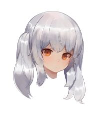 Rule 34 | 1girl, bad id, bad pixiv id, brown eyes, closed mouth, copyright request, dokomon, eyebrows hidden by hair, head, highres, long hair, looking at viewer, sidelocks, silver hair, simple background, solo, twintails, white background