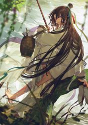 Rule 34 | ass, basket, bishounen, black hair, blue eyes, chinese clothes, fate/grand order, fate (series), feet, fish, fishing rod, hair ribbon, itefu, long hair, official art, open mouth, ribbon, river, shoes, unworn shoes, sitting, smile, tai gong wang (fate), very long hair, water, wet