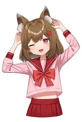 Rule 34 | 1girl, ;d, animal ear fluff, animal ears, arms up, azu (azusayumix), bow, brown hair, commentary request, copyright request, fangs, food-themed hair ornament, hair between eyes, hair ornament, hairclip, highres, leaning to the side, long sleeves, midriff peek, navel, one eye closed, open mouth, pink shirt, pleated skirt, red bow, red eyes, red sailor collar, red skirt, sailor collar, shirt, simple background, skirt, smile, solo, strawberry hair ornament, virtual youtuber, white background