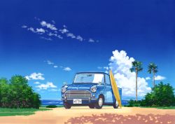 Rule 34 | absurdres, blue sky, blush, car, cloud, commentary request, day, flower, grass, highres, hirota (masasiv3), horizon, license plate, motor vehicle, no humans, ocean, original, outdoors, palm tree, scenery, shadow, sky, surfboard, tree, vehicle focus
