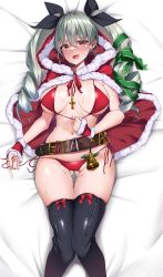 Rule 34 | 1girl, absurdres, anchovy (girls und panzer), bell, belt, bikini, bikini pull, black footwear, black ribbon, blush, boots, bow, breasts, christmas, clothes pull, cross, cross earrings, cross necklace, dakimakura (medium), drill hair, earrings, fang, footwear bow, girls und panzer, gluteal fold, green bow, green hair, green ribbon, hair bow, hair ribbon, highres, jewelry, kshimu, large breasts, long hair, looking at viewer, lying, navel, necklace, on back, open mouth, pink eyes, red bikini, red bow, ribbon, santa bikini, santa costume, skin fang, smile, solo, swimsuit, thigh boots, thighhighs, twin drills, zipper, zipper pull tab