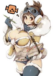 Rule 34 | 1girl, blue thighhighs, book, bookmark, breasts, brown hair, cleavage, commentary, fur-trimmed legwear, fur trim, gloves, goggles, grin, handler (monster hunter world), highres, icon (computing), large breasts, looking at viewer, midriff, monster hunter, monster hunter: world, monster hunter (series), pen, red eyes, short hair, simple background, slugbox, smile, solo, sweat, thighhighs, thighs, white background