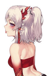 Rule 34 | 1girl, :p, absurdres, arknights, back, bare shoulders, blush, breasts, closed mouth, colored skin, dragon horns, earrings, from behind, gradient skin, grey hair, hati105, highres, horns, jewelry, looking at viewer, looking back, nian (arknights), one side up, pointy ears, purple eyes, red skin, short hair, simple background, small breasts, smile, solo, strapless, tongue, tongue out, tube top, upper body, white background