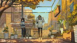 Rule 34 | 2girls, absurdres, baggy pants, black hair, black pants, blue eyes, blue hair, brown eyes, brown hair, building, car, chain-link fence, city, crossed arms, dappled sunlight, day, fence, gradient hair, hands up, highres, hood, hoodie, horns, hua ming wink, long sleeves, looking at viewer, motor vehicle, multicolored hair, multiple girls, original, outdoors, pants, pantyhose, plant, pointy ears, potted plant, scenery, shirt, shop, single horn, sunlight, sweater, tree, two-tone hair, white shirt, white sweater