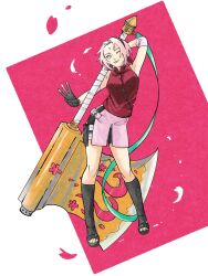 Rule 34 | 1girl, ;p, armpits, axe, bandaged leg, bandages, bare shoulders, bike shorts under skirt, black shorts, commentary, elbow sleeve, facial mark, forehead mark, forehead protector, gloves, green eyes, haruno sakura, highres, holding, holding axe, holding weapon, huge weapon, marker, marker (medium), middle w, naruto (series), naruto shippuuden, one eye closed, over shoulder, petals, pink hair, pink skirt, pouch, red shirt, sayaendou0426, shirt, short hair, shorts, skirt, sleeveless, sleeveless shirt, solo, symbol-only commentary, thigh pouch, toeless footwear, toes, tongue, tongue out, traditional media, w, weapon, weapon over shoulder