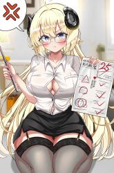 1girl :t ahoge anger_vein blonde_hair blurry blush breast_pocket breasts buttons cleavage closed_mouth collared_shirt depth_of_field garter_straps goat_horns gradient_eyes hair_between_eyes highres holding holding_pointer hololive horns inokeiwd kneehighs large_breasts long_hair looking_at_viewer mole mole_on_breast multicolored_eyes nail_polish navel office_lady pencil_skirt pink_nails pocket pointer pout purple_eyes rectangular_eyewear shirt shirt_tucked_in skirt socks solo speech_bubble spoken_anger_vein test_score thighhighs translation_request tsunomaki_watame white_shirt wide_hips yellow_eyes