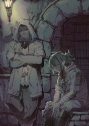 Rule 34 | 2boys, against wall, bandaged arm, bandages, barred window, belt, blood, blood on clothes, blood on hands, brown hair, commentary request, crossed arms, eyes visible through hair, green hair, grey pants, highres, hood, hood down, hood up, jacket, layered sleeves, lerume (made in abyss), long sleeves, looking at another, looking down, made in abyss, male focus, multiple boys, nosebleed, open clothes, open jacket, own hands together, pants, parted lips, sanpaku, shin guards, shirt, short over long sleeves, short ponytail, short sleeves, sitting, tomii (tomp son), tsumuredo (made in abyss), wall, wall lamp, whistle, whistle around neck, white shirt