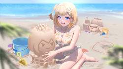 Rule 34 | 1girl, absurdres, alternate costume, bare legs, bare shoulders, barefoot, beach, bikini, blonde hair, blue eyes, blunt bangs, blurry, blurry foreground, breasts, bubba (watson amelia), bucket, cleavage, collarbone, earrings, english text, foliage, front-tie top, halterneck, heart, highres, hololive, hololive english, jewelry, looking at viewer, medium breasts, medium hair, ocean, one side up, open mouth, sand sculpture, sand writing, shovel, side-tie bikini bottom, sitting, smile, smol ame, solo, stopwatch, swimsuit, virtual youtuber, wariza, watch, watson amelia, yuutarou art
