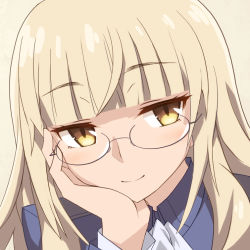 Rule 34 | 1girl, beige background, blonde hair, close-up, glasses, hand on own cheek, hand on own face, long hair, perrine h. clostermann, portrait, simple background, smile, solo, strike witches, tom-neko (zamudo akiyuki), world witches series, yellow eyes