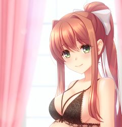 1girl bare_shoulders black_bra blush bow bra breasts cleavage closed_mouth curtains doki_doki_literature_club green_eyes hair_bow high_ponytail irori_(irorixc) lace lace-trimmed_bra lace_trim long_hair looking_at_viewer medium_breasts monika_(doki_doki_literature_club) orange_hair sidelocks simple_background smile solo underwear underwear_only very_long_hair white_background white_bow