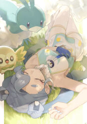 Rule 34 | 1girl, absurdres, altaria, blue gloves, blue nails, closed eyes, closed mouth, commentary request, creatures (company), day, eyelashes, flying miku (project voltage), game freak, gen 3 pokemon, gen 7 pokemon, gloves, grass, hand on own stomach, hatsune miku, highres, long hair, loose socks, lying, nail polish, nintendo, on back, outdoors, pokemon, pokemon (creature), project voltage, rowlet, see-through, see-through shorts, shorts, single glove, socks, twintails, tyaui (xjju4435), vocaloid