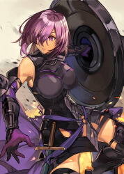 Rule 34 | 1girl, absurdres, alwaysregg, armor, armored boots, armored leotard, black armor, boobplate, boots, breastplate, commentary, detached sleeves, fate/grand order, fate (series), gauntlets, gloves, highres, holding, holding shield, holding weapon, leotard, mash kyrielight, parted lips, purple eyes, purple gloves, purple hair, purple leotard, shield, short hair, solo, sword, weapon